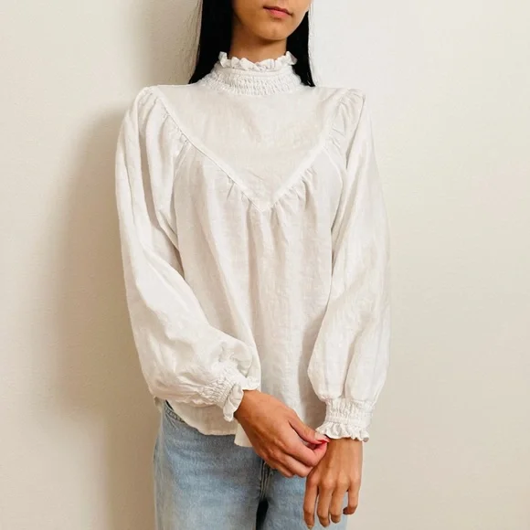 DISSH Linen Blouse Top White High Neck Long Sleeve Boho - Picture 3 of 12